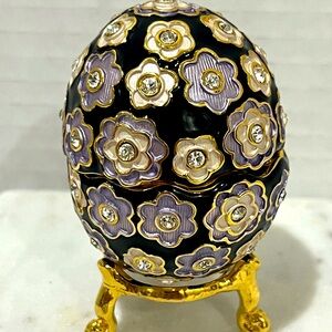 RUCINNI Enameled Black Crystals Bejeweled Flowers in Gold Trim EGG Trinket Box